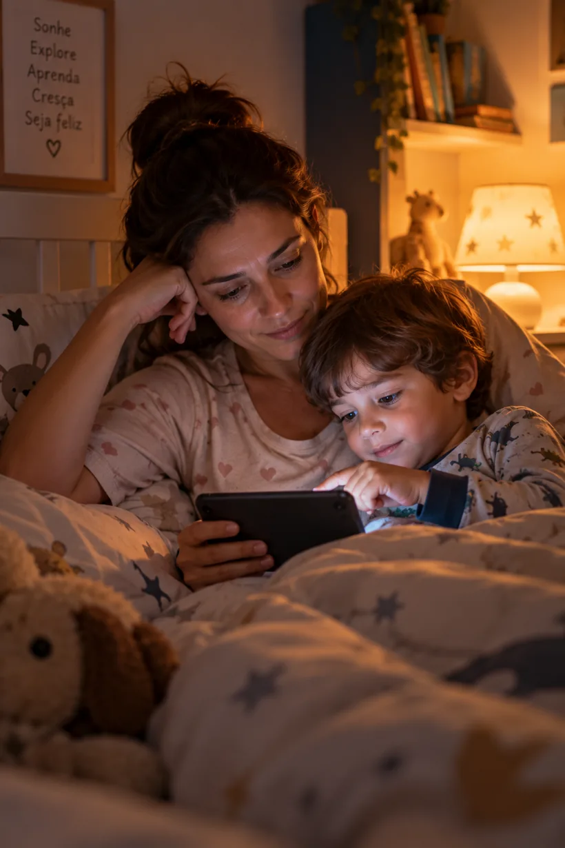 Mãe e filho deitados na cama lendo uma história no celular, com a luz do abajur acesa